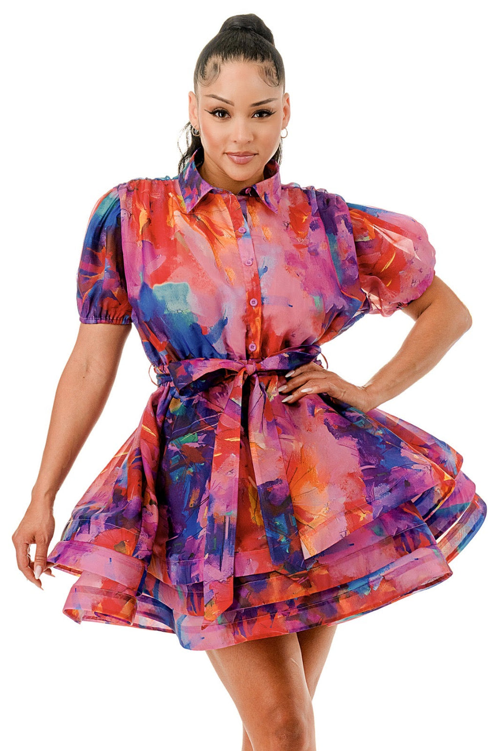 Short Sleeve Sheer Long Sleeve Layered Ruffle  Dress The House of Stylez