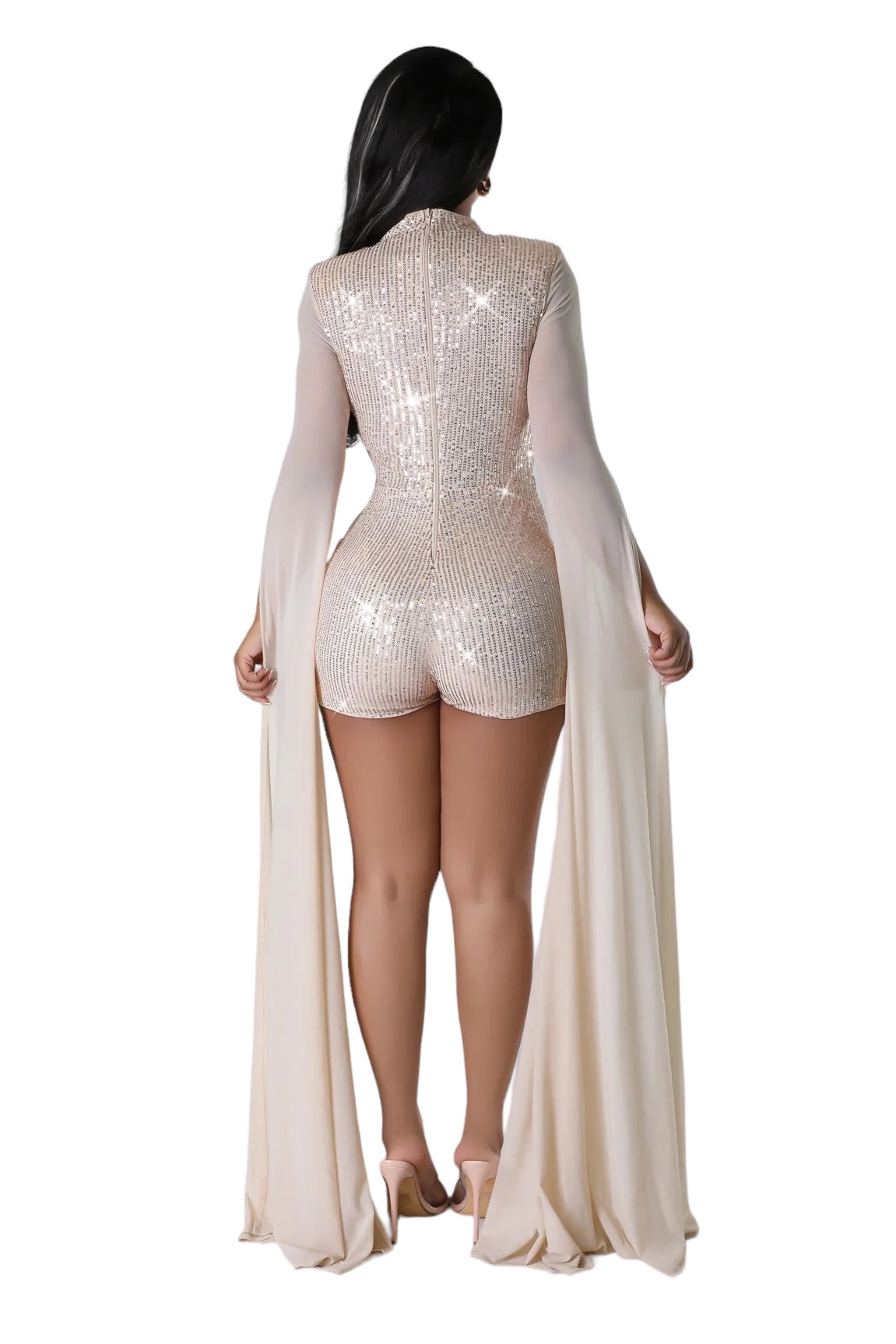 Champaign Colored Sequin Romper w/ Floor Length Sleeves The House of Stylez