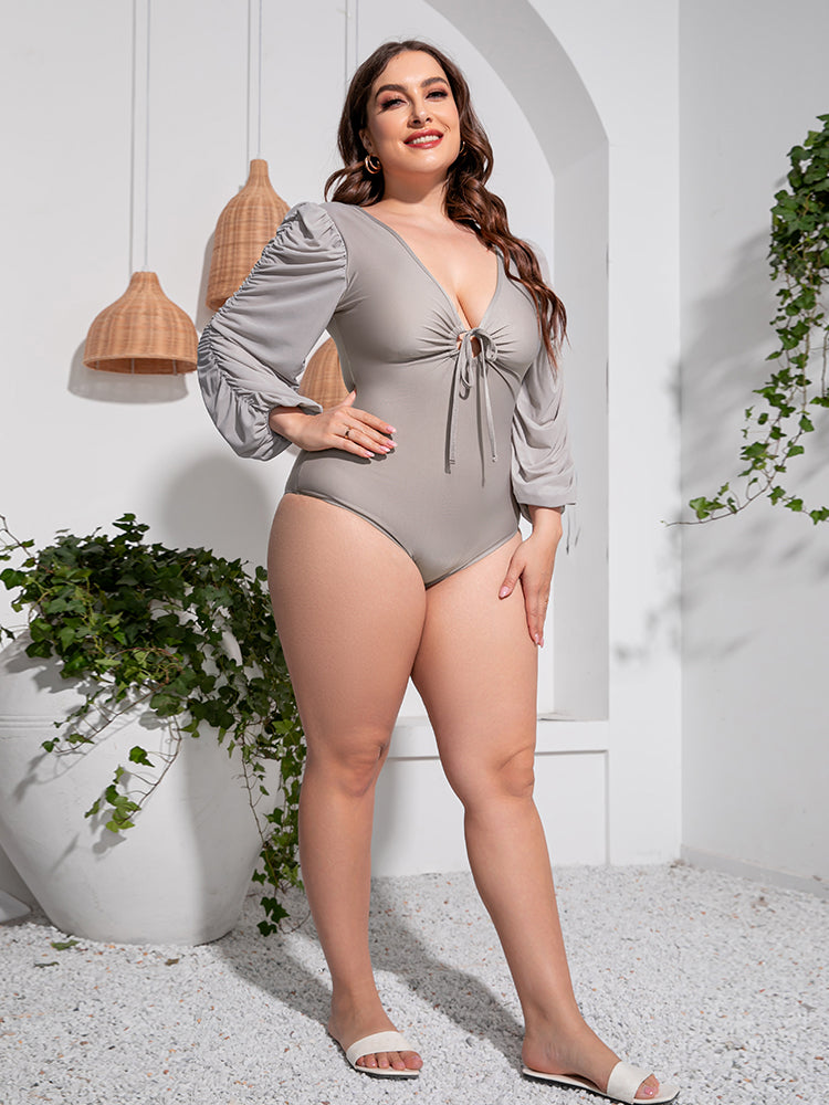 Plus Size Tied Deep V Balloon Sleeve One-Piece Swimsuit VYSN