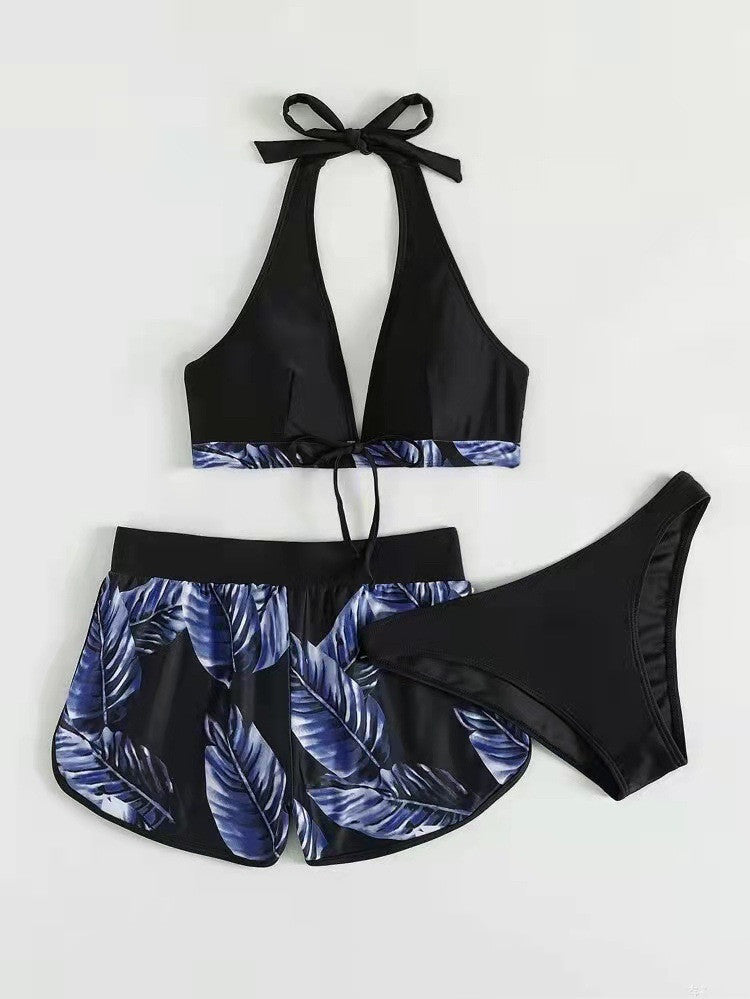3pcs Leaf Print Bikini With Shorts Fashion Summer Beach Swimsuit Womens Clothing FLIPSTYLEZLLC