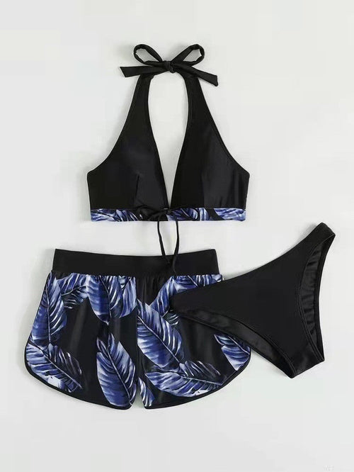 3pcs Leaf Print Bikini With Shorts Fashion Summer Beach Swimsuit Womens Clothing FLIPSTYLEZLLC