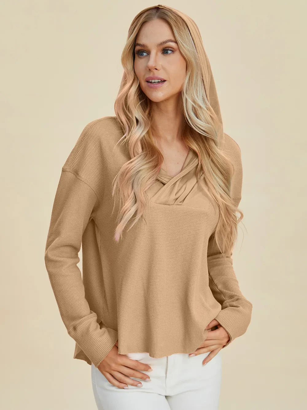 Double Take Full Size High-Low Dropped Shoulder Long Sleeve Hoodie Berry Charmz