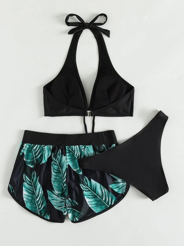 3pcs Leaf Print Bikini With Shorts Fashion Summer Beach Swimsuit Womens Clothing FLIPSTYLEZLLC