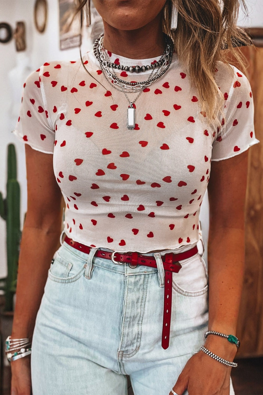 Sheer Heart Print Fitted Top Shopimist