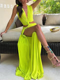 Full Size Sleeveless Plunge Knot Cutout High Slit Maxi Dress Plus Size Shopimist