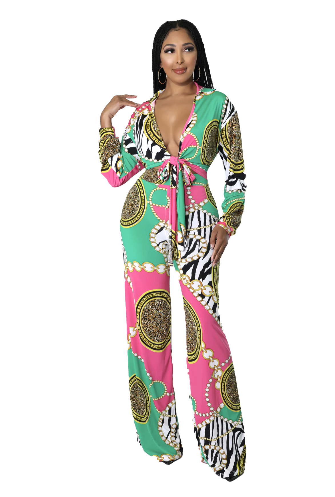 Two Piece Set: Green & Pink Palazzo Pants The House of Stylez