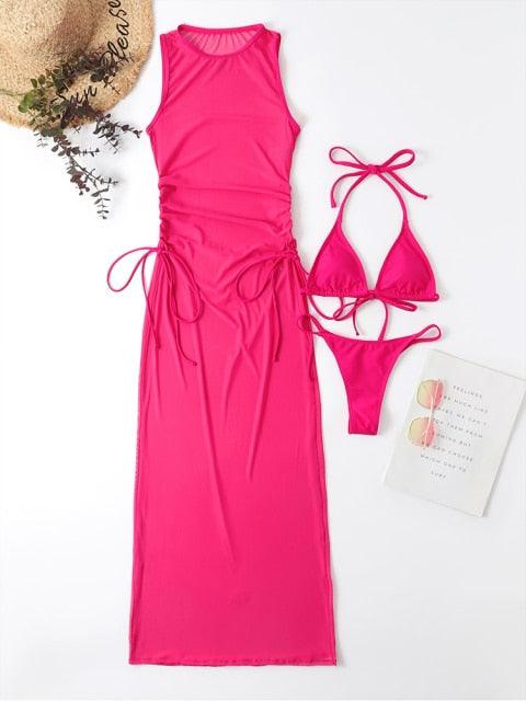 3 Pieces Set High Neck Swimwear Female Swimsuit Cover-Ups For Women Skirts Bikini Halter Triangle Bathing Suit Maxi Dress Bikini Cover Up Stevvex