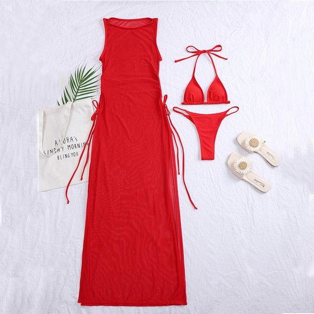 3 Pieces Set High Neck Swimwear Female Swimsuit Cover-Ups For Women Skirts Bikini Halter Triangle Bathing Suit Maxi Dress Bikini Cover Up Stevvex