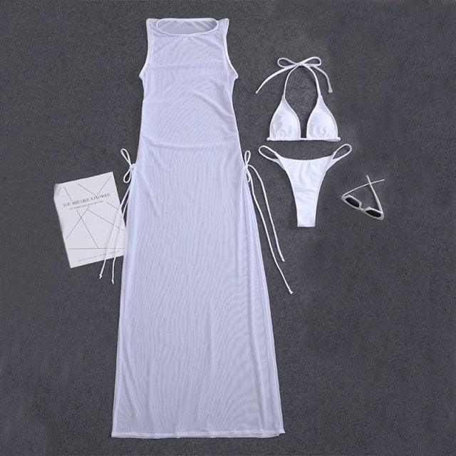 3 Pieces Set High Neck Swimwear Female Swimsuit Cover-Ups For Women Skirts Bikini Halter Triangle Bathing Suit Maxi Dress Bikini Cover Up Stevvex