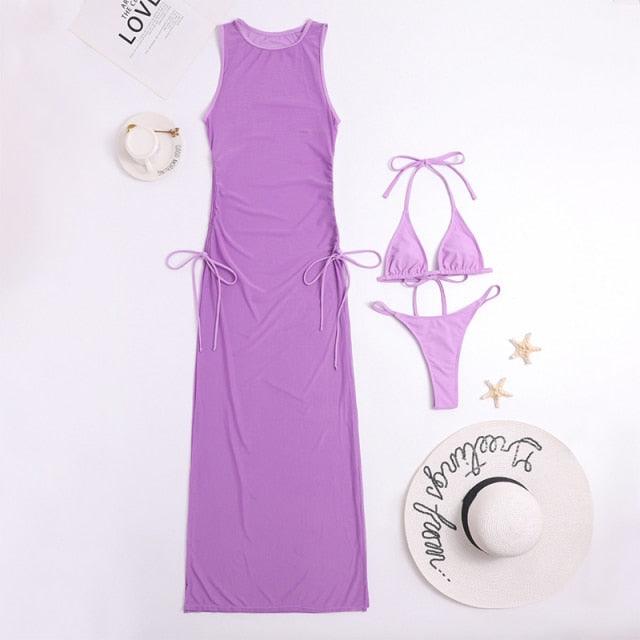 3 Pieces Set High Neck Swimwear Female Swimsuit Cover-Ups For Women Skirts Bikini Halter Triangle Bathing Suit Maxi Dress Bikini Cover Up Stevvex