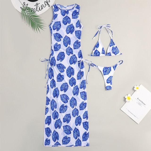 3 Pieces Set High Neck Swimwear Female Swimsuit Cover-Ups For Women Skirts Bikini Halter Triangle Bathing Suit Maxi Dress Bikini Cover Up Stevvex