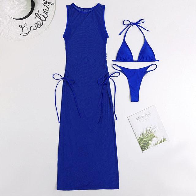 3 Pieces Set High Neck Swimwear Female Swimsuit Cover-Ups For Women Skirts Bikini Halter Triangle Bathing Suit Maxi Dress Bikini Cover Up Stevvex