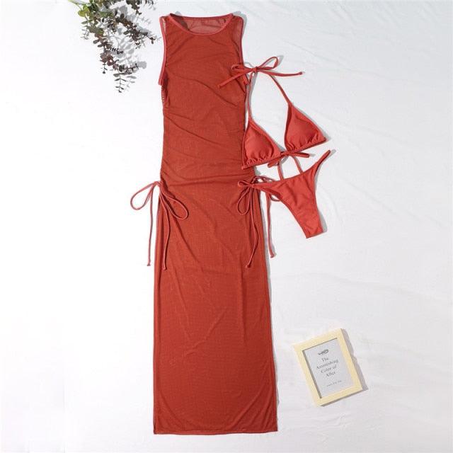 3 Pieces Set High Neck Swimwear Female Swimsuit Cover-Ups For Women Skirts Bikini Halter Triangle Bathing Suit Maxi Dress Bikini Cover Up Stevvex
