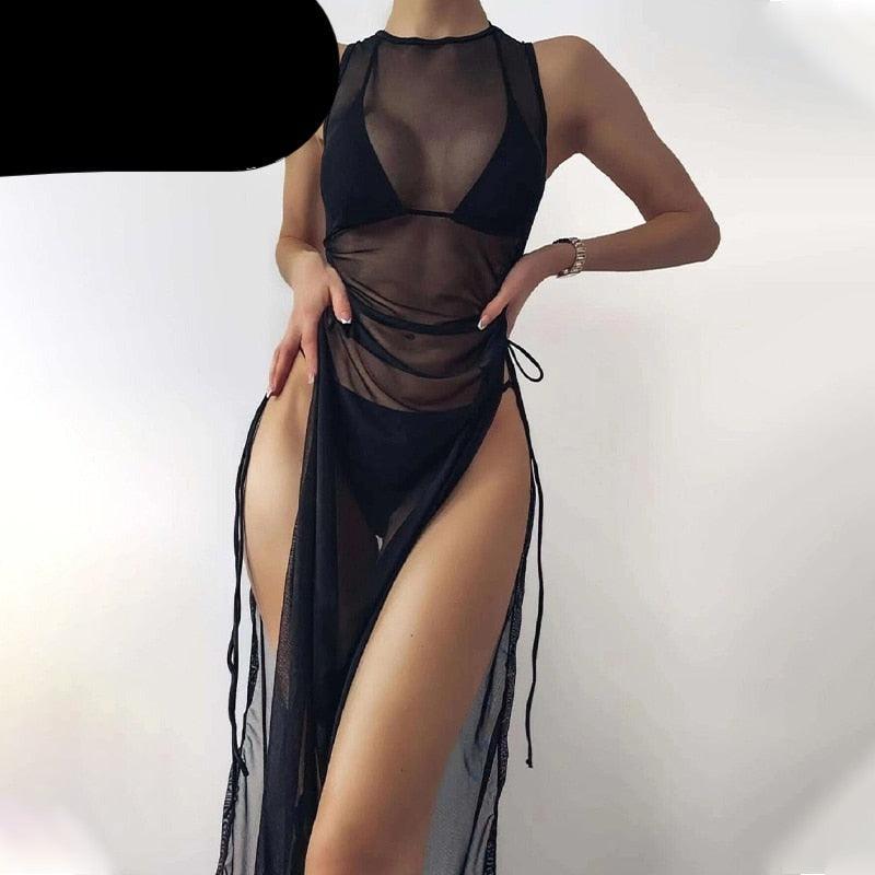 3 Pieces Set High Neck Swimwear Female Swimsuit Cover-Ups For Women Skirts Bikini Halter Triangle Bathing Suit Maxi Dress Bikini Cover Up Stevvex