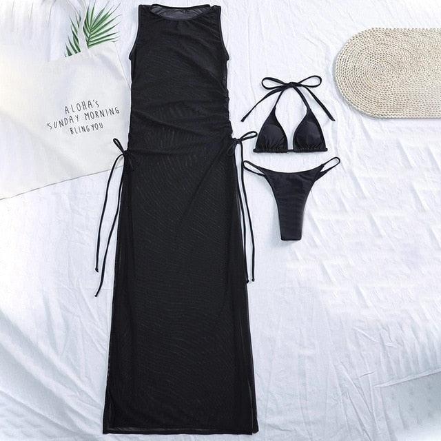 3 Pieces Set High Neck Swimwear Female Swimsuit Cover-Ups For Women Skirts Bikini Halter Triangle Bathing Suit Maxi Dress Bikini Cover Up Stevvex