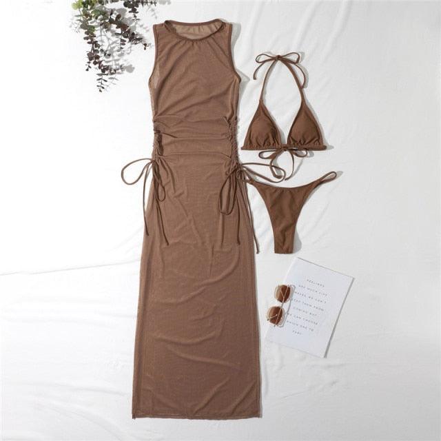3 Pieces Set High Neck Swimwear Female Swimsuit Cover-Ups For Women Skirts Bikini Halter Triangle Bathing Suit Maxi Dress Bikini Cover Up Stevvex