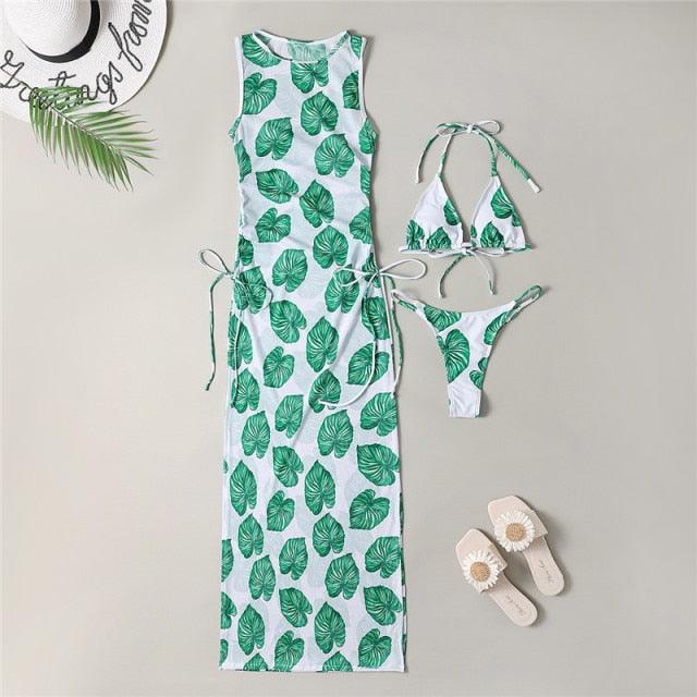 3 Pieces Set High Neck Swimwear Female Swimsuit Cover-Ups For Women Skirts Bikini Halter Triangle Bathing Suit Maxi Dress Bikini Cover Up Stevvex