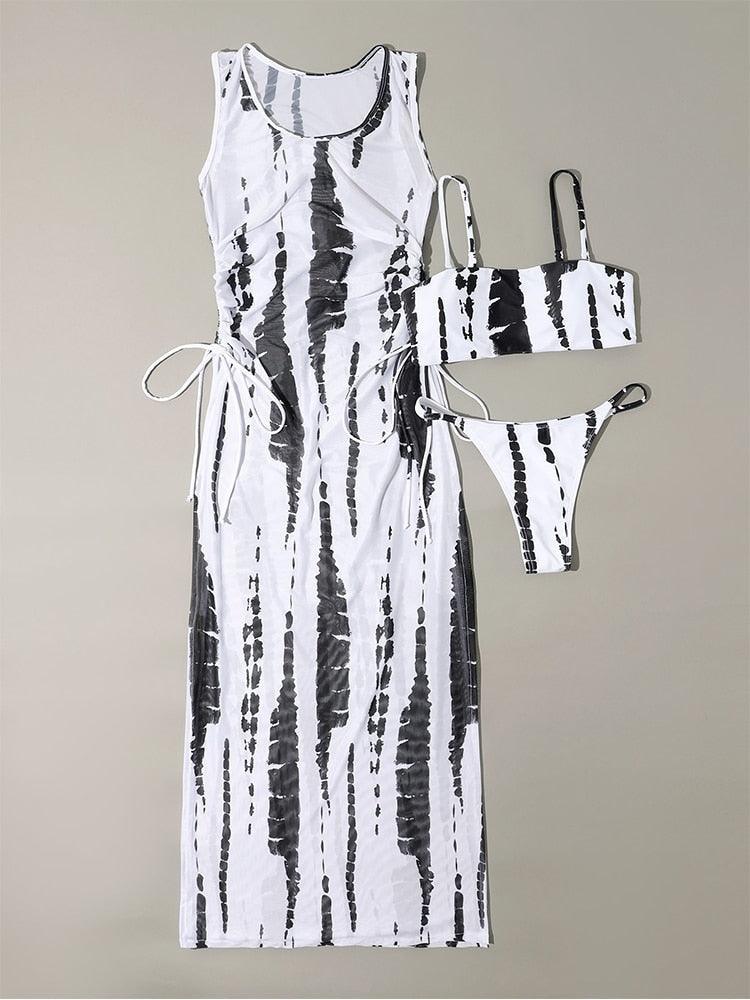 3 Pieces Set High Neck Swimwear Female Swimsuit Cover-Ups For Women Skirts Bikini Halter Triangle Bathing Suit Maxi Dress Bikini Cover Up Stevvex