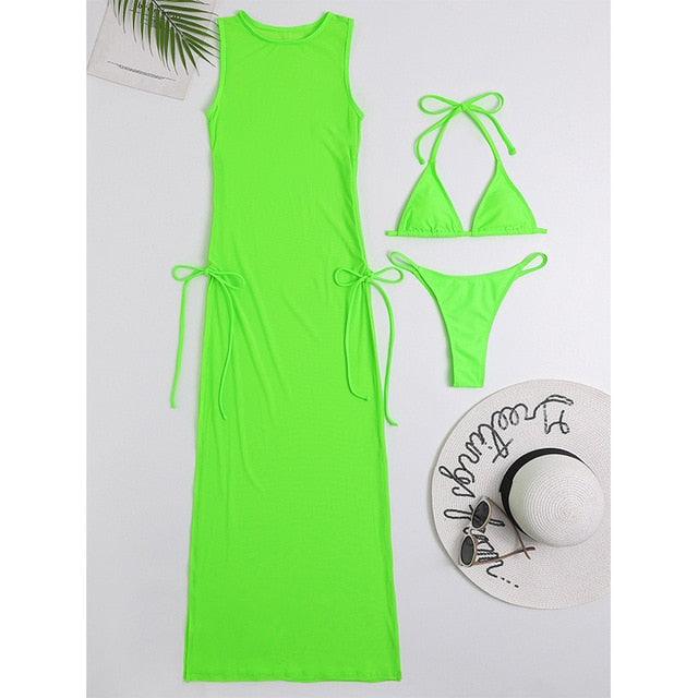 3 Pieces Set High Neck Swimwear Female Swimsuit Cover-Ups For Women Skirts Bikini Halter Triangle Bathing Suit Maxi Dress Bikini Cover Up Stevvex