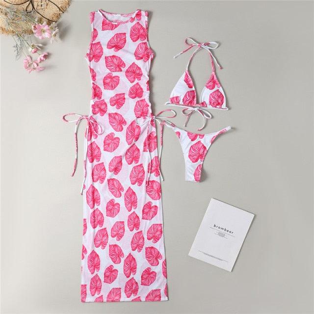 3 Pieces Set High Neck Swimwear Female Swimsuit Cover-Ups For Women Skirts Bikini Halter Triangle Bathing Suit Maxi Dress Bikini Cover Up Stevvex