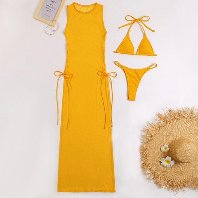 3 Pieces Set High Neck Swimwear Female Swimsuit Cover-Ups For Women Skirts Bikini Halter Triangle Bathing Suit Maxi Dress Bikini Cover Up Stevvex
