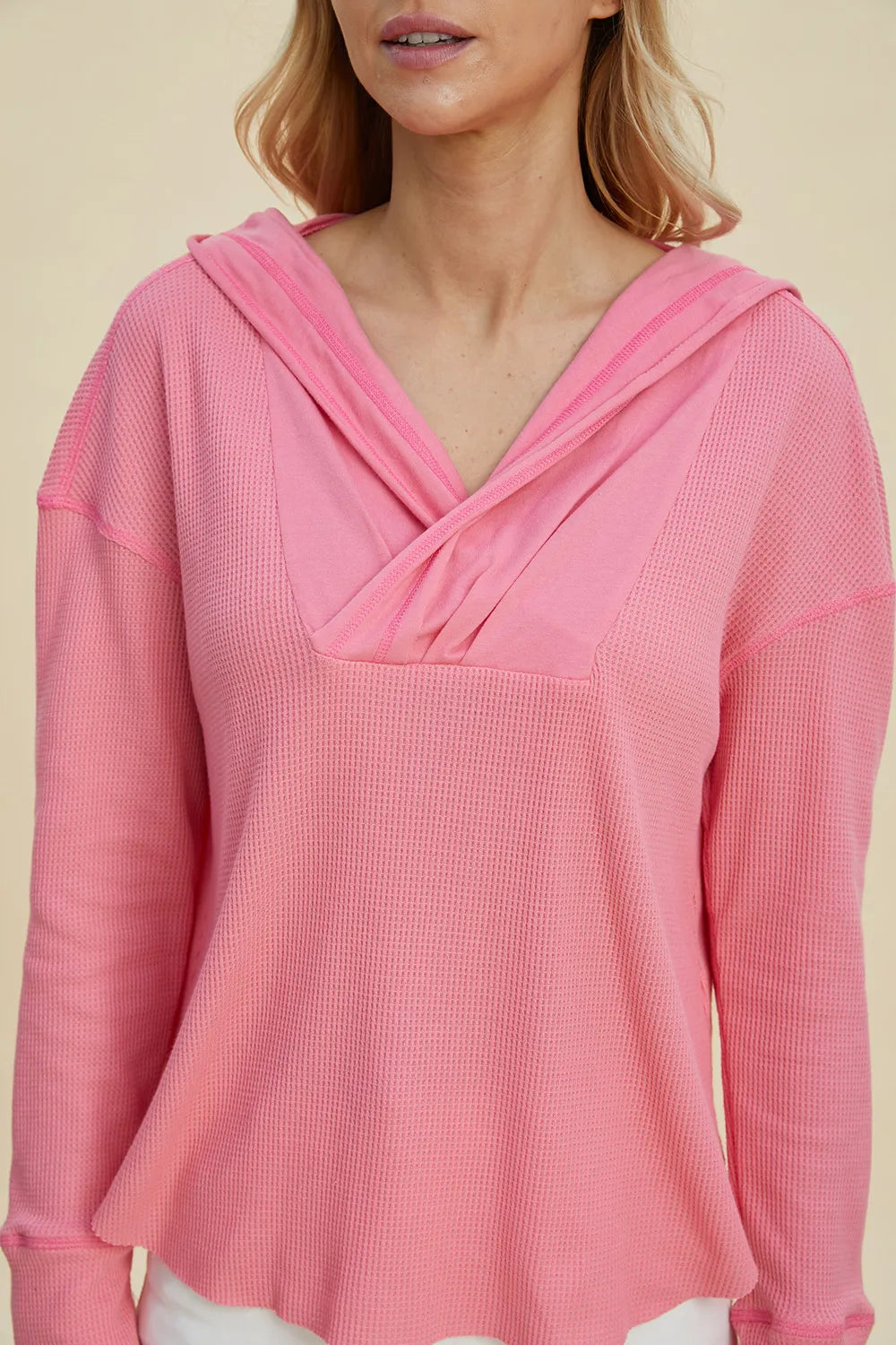 Double Take Full Size High-Low Dropped Shoulder Long Sleeve Hoodie Berry Charmz