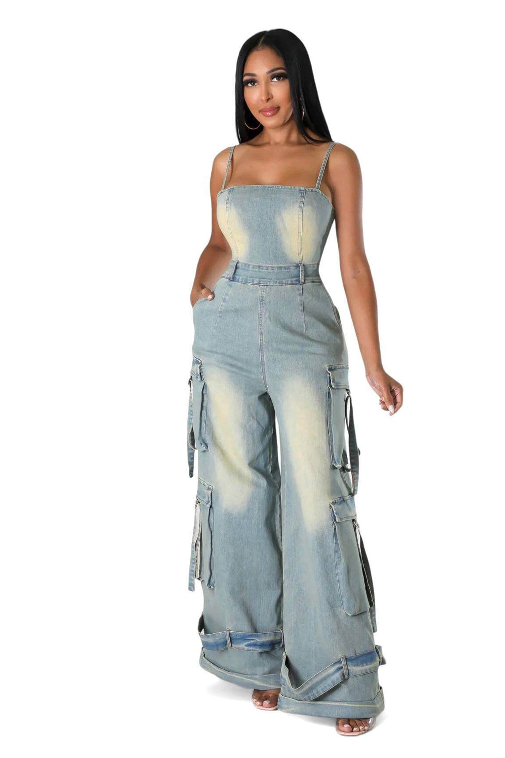 Dirty Wash Denim Jean Cargo Jumpsuit The House of Stylez