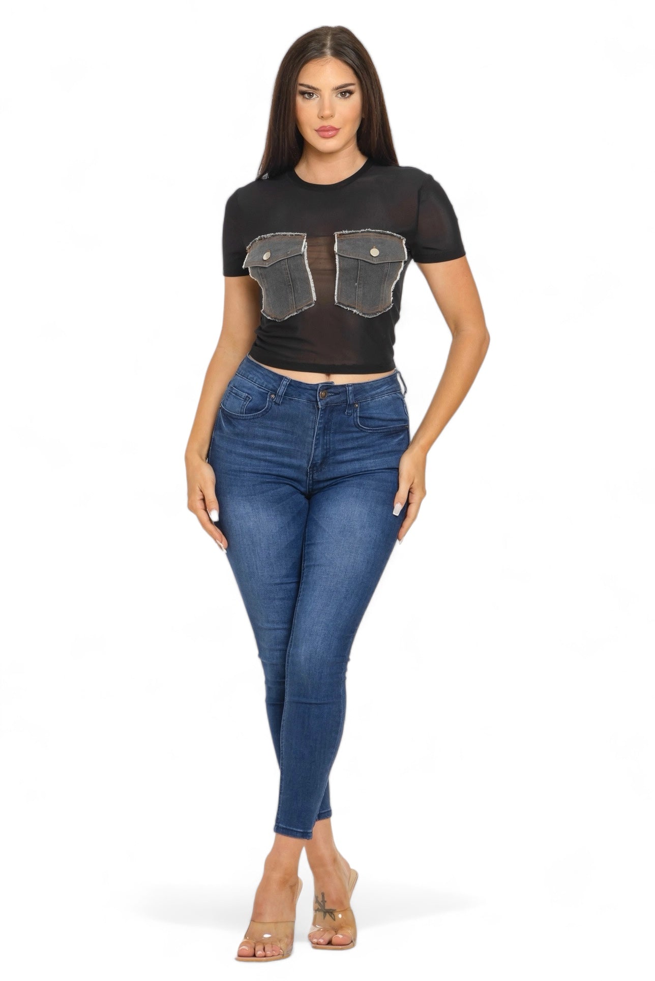 Mesh Front Denim Distressed Button Pockets Top {See Thru} The House of Stylez