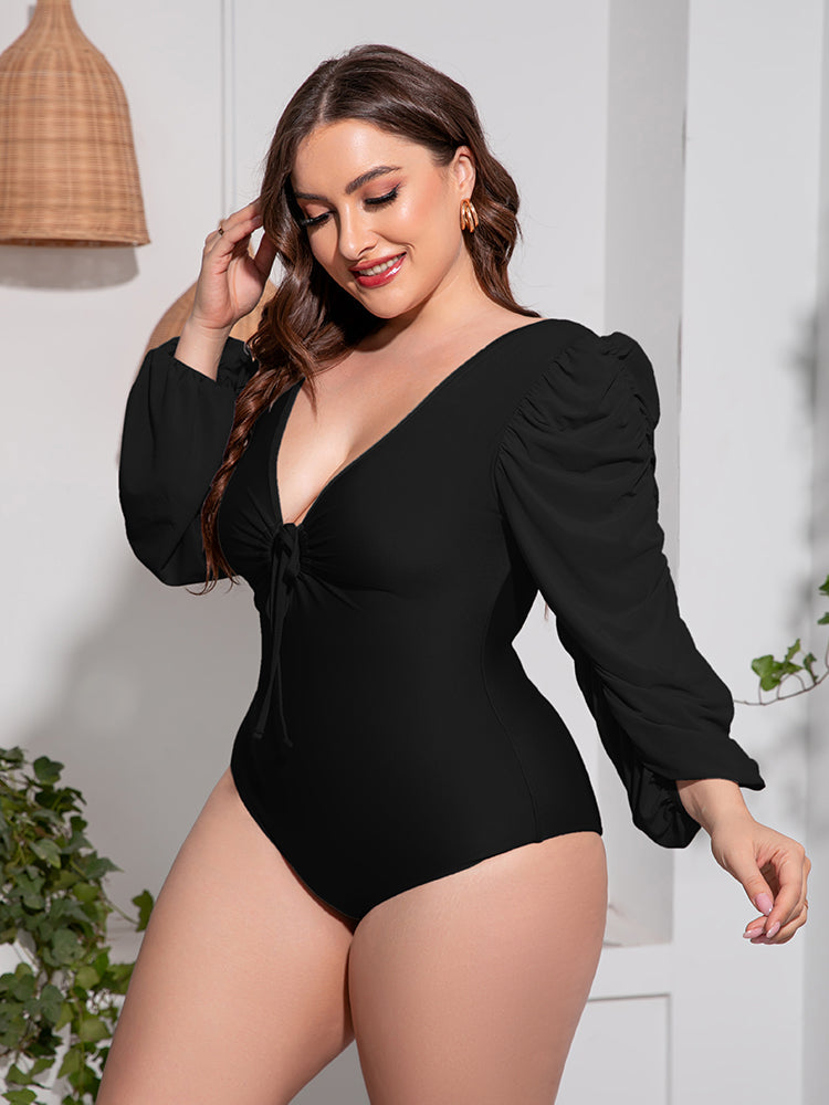 Plus Size Tied Deep V Balloon Sleeve One-Piece Swimsuit VYSN