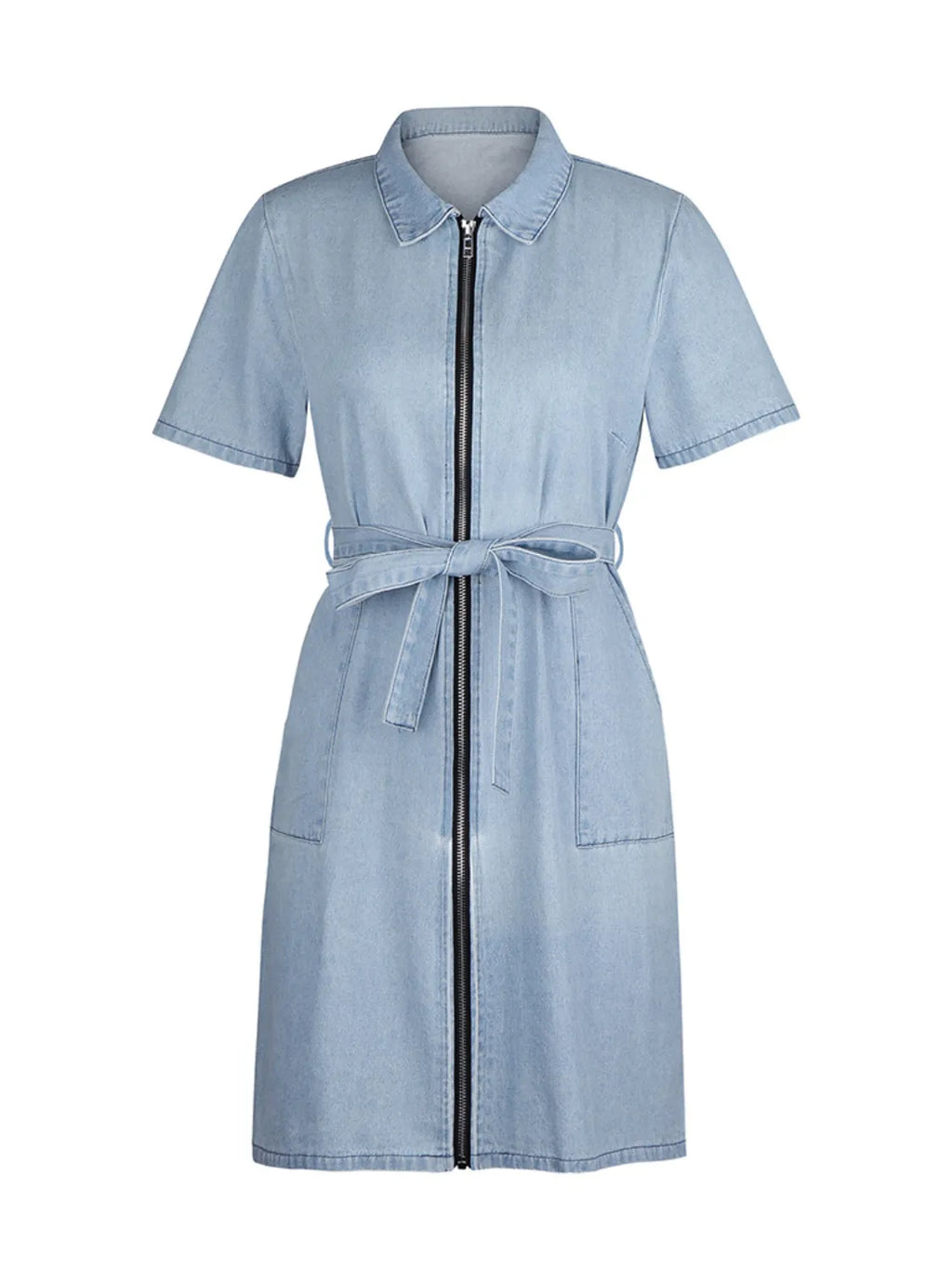 Full Size Zip Front Short Sleeve Denim Dress Plus Size Selvanelle