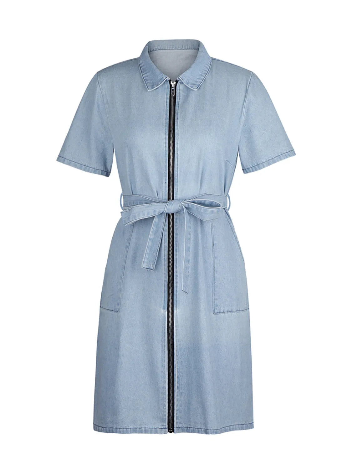 Full Size Zip Front Short Sleeve Denim Dress Plus Size Selvanelle