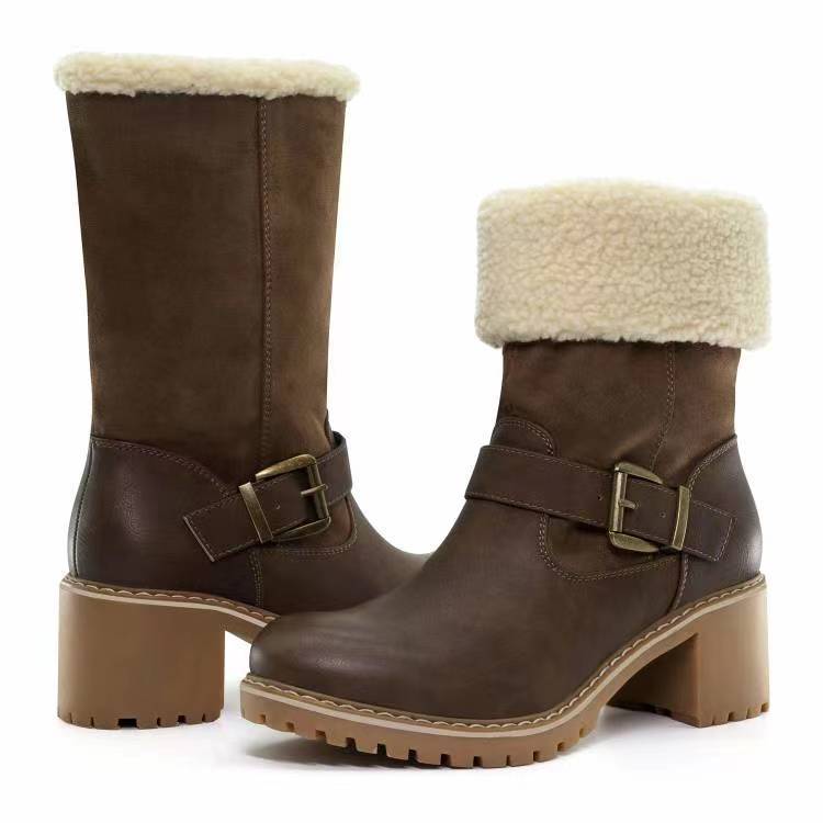 Women's Buckle Chunky Heel Western Boots | Warm Winter Round-Toe Mid Boots Sarah Express