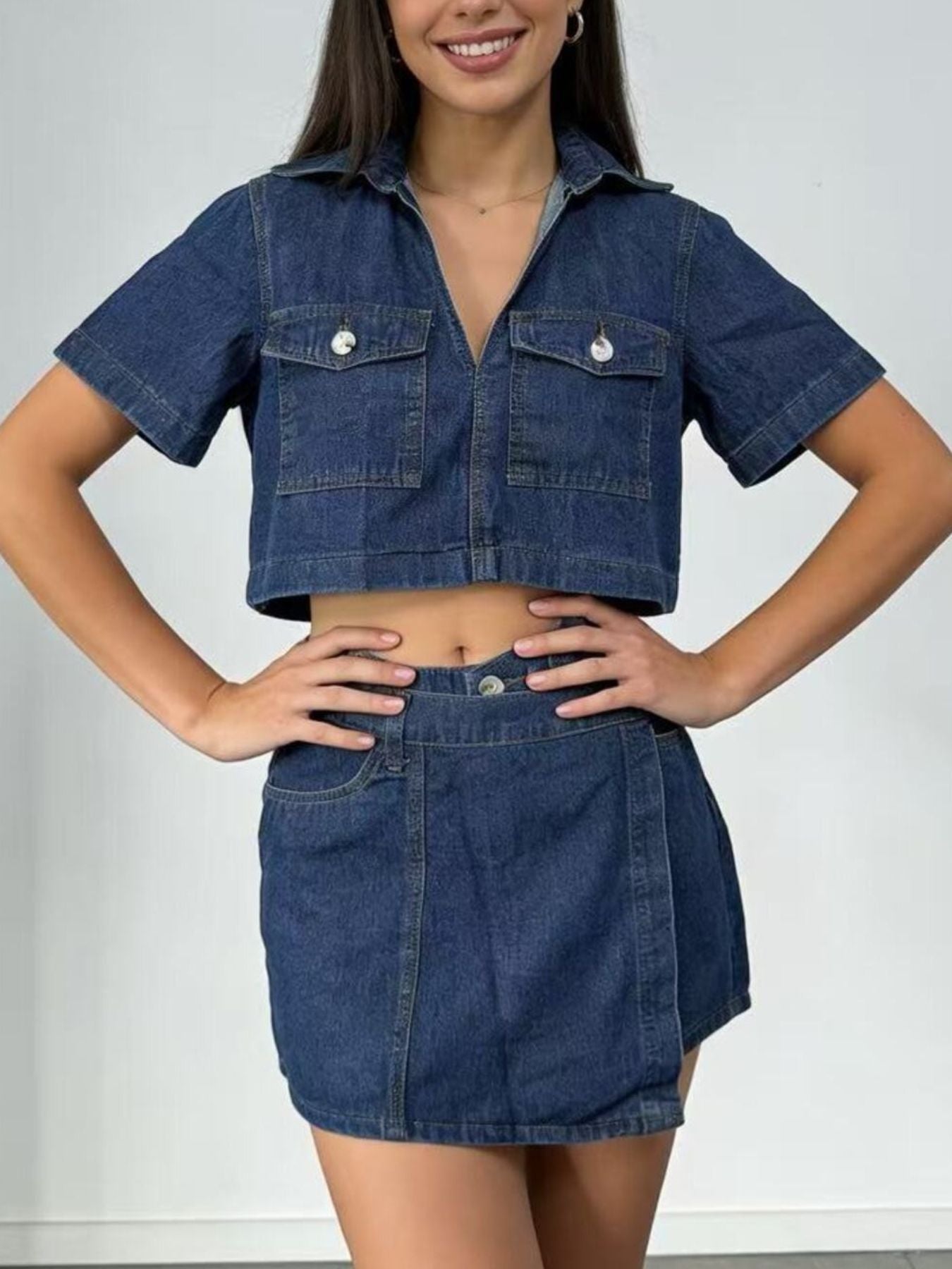 Short Sleeve Cropped Top and Skort Denim Set Wild and Free Boutique
