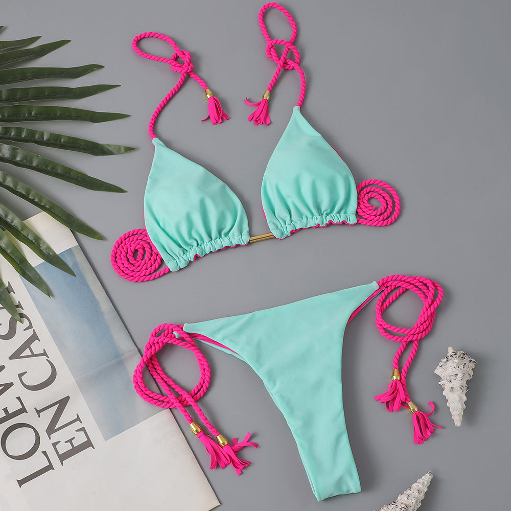 New Festival Flame Halter Bikini Set for Women – Triangle V-Neck Backless Two-Piece Swimsuit with Tie Side Bottoms & Adjustable Lace-Up Fit – Sleek Polyamide Swimwear for Koningsdag/King’s Day & Summer Beach Celebrations Stevvex
