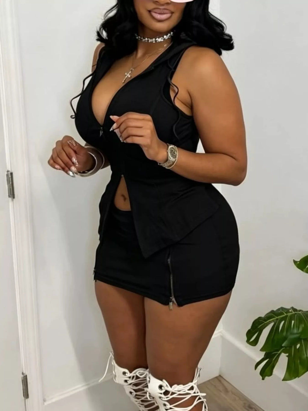 Hooded Zippered Sleeveless Top and Skirt Set Shopimist