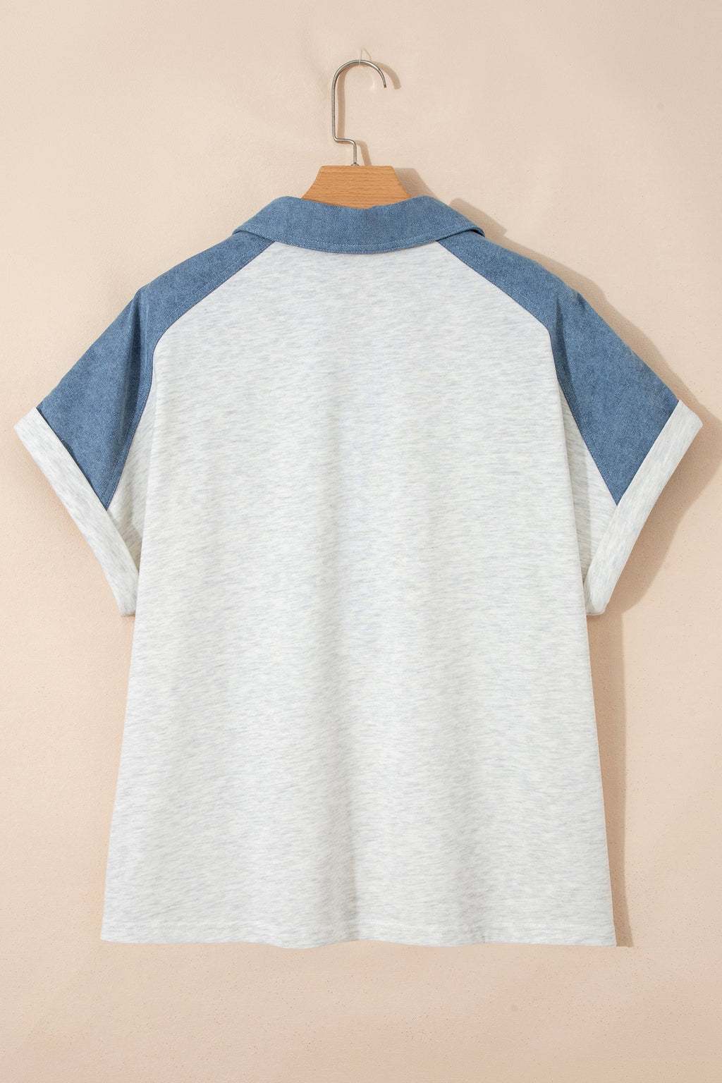 Beige Plus Size Contrast Denim Patchwork Cuffed Sleeve Polo Tee I am a Fashion Junky