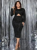 Plus Size Cutout Slit Round Neck Long Sleeve Dress Femstylo