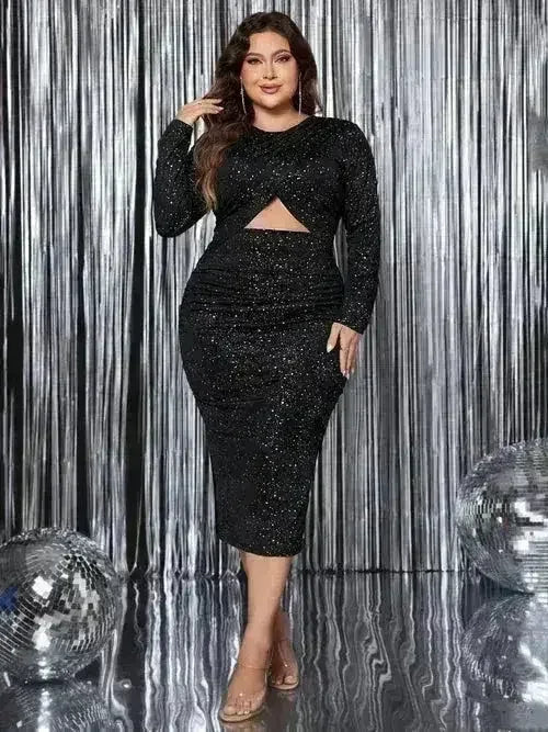 Plus Size Cutout Slit Round Neck Long Sleeve Dress Femstylo