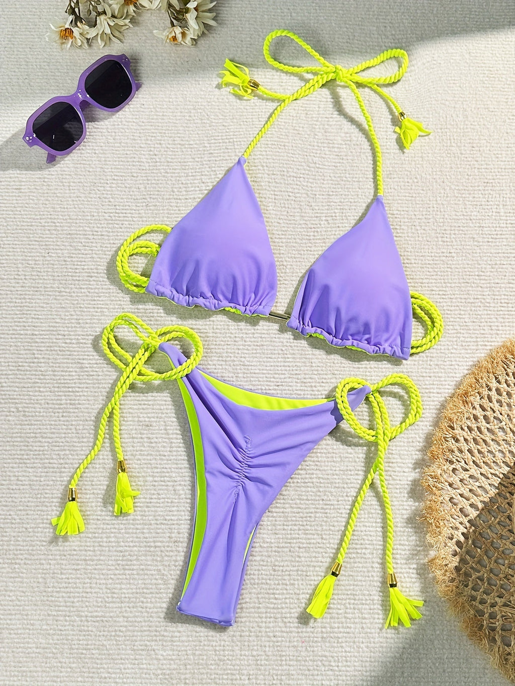 New Festival Flame Halter Bikini Set for Women – Triangle V-Neck Backless Two-Piece Swimsuit with Tie Side Bottoms & Adjustable Lace-Up Fit – Sleek Polyamide Swimwear for Koningsdag/King’s Day & Summer Beach Celebrations Stevvex