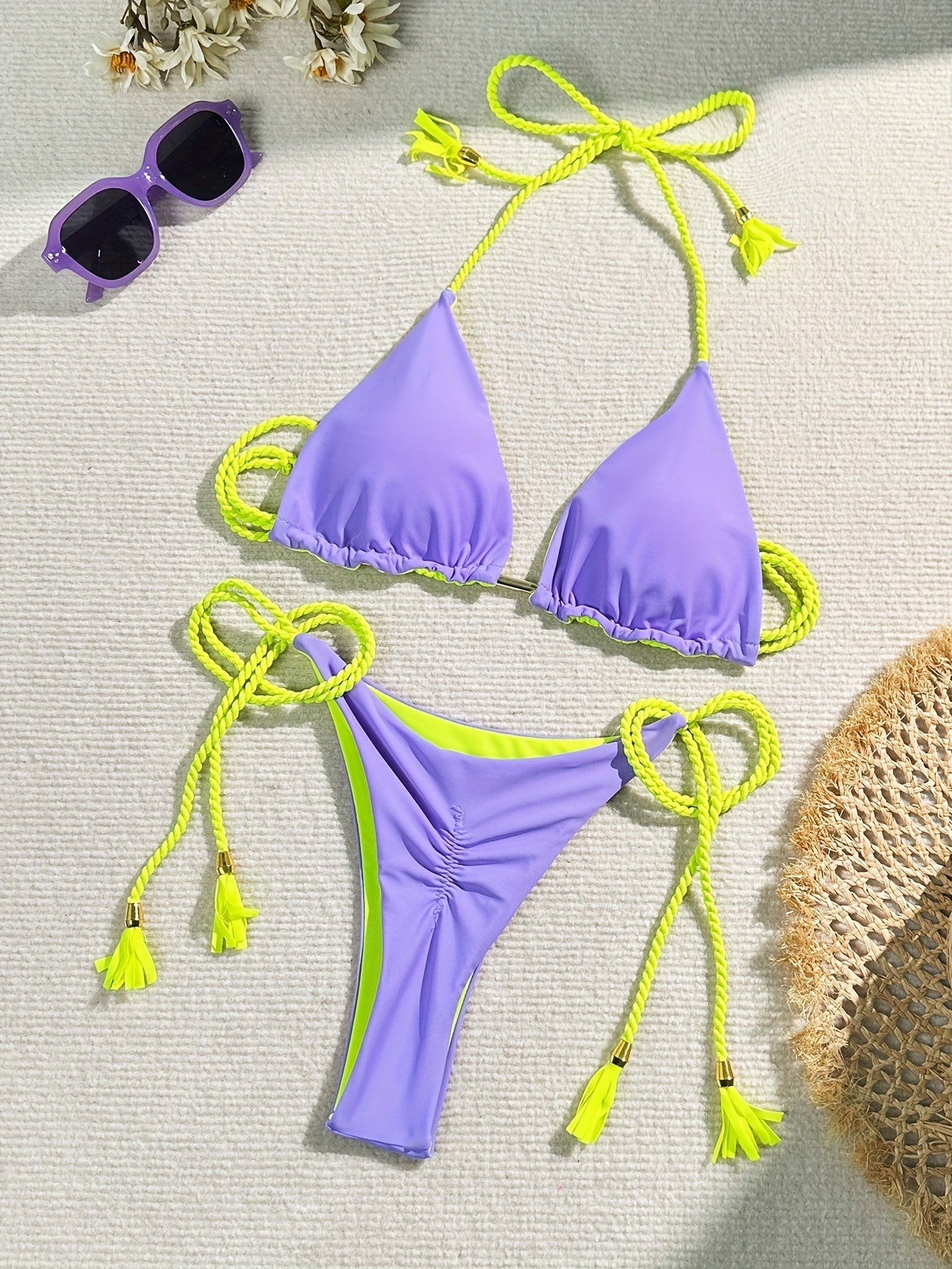 New Festival Flame Halter Bikini Set for Women – Triangle V-Neck Backless Two-Piece Swimsuit with Tie Side Bottoms & Adjustable Lace-Up Fit – Sleek Polyamide Swimwear for Koningsdag/King’s Day & Summer Beach Celebrations Stevvex