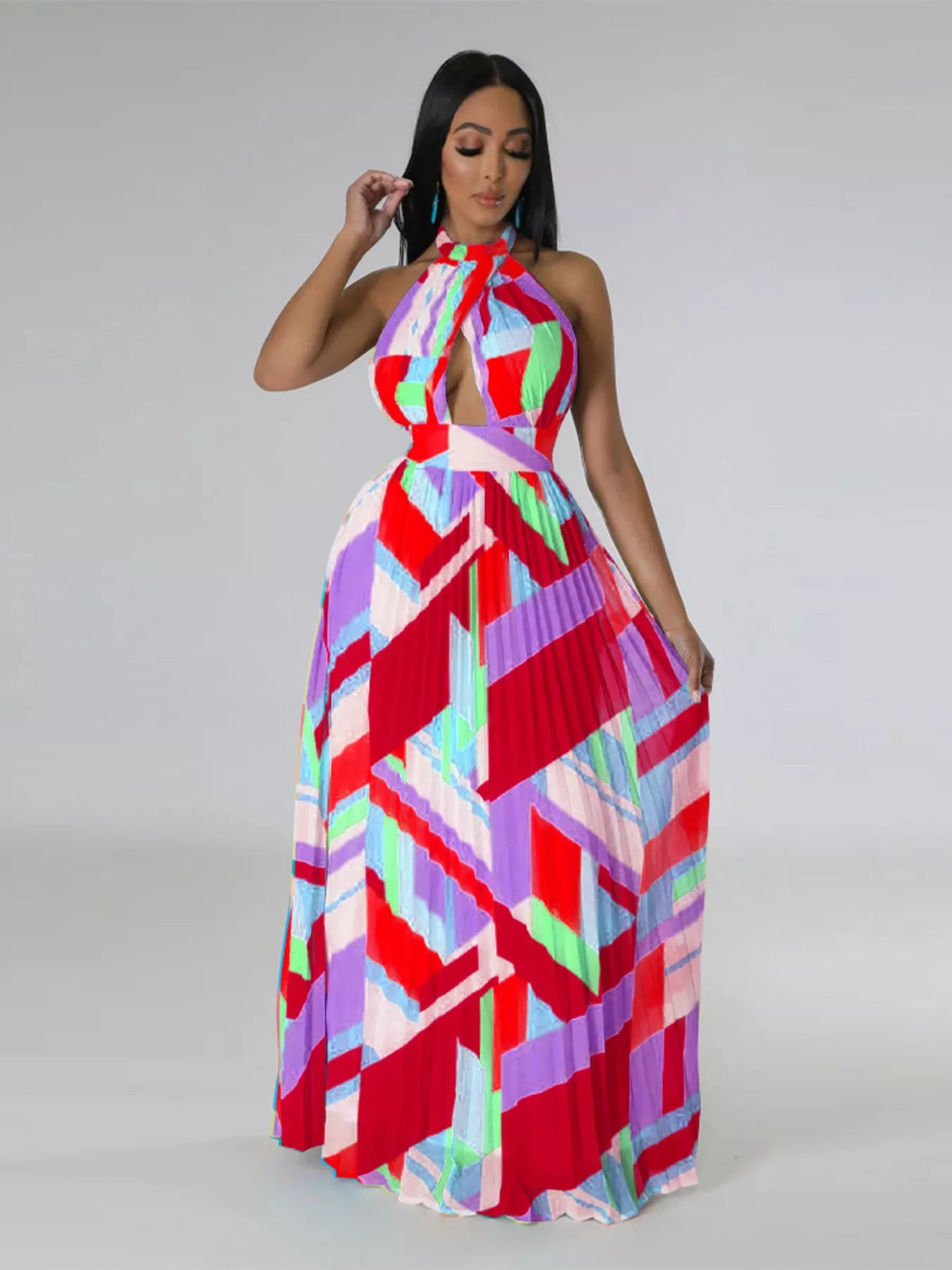 Halter Neck Geometric Print Pleated Maxi Dress Shopimist