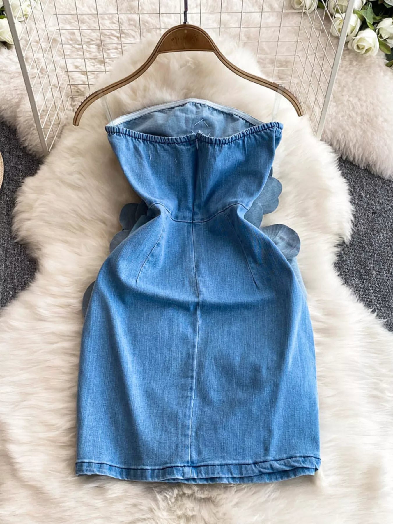 Floral Applique Strapless Denim Dress Shopimist