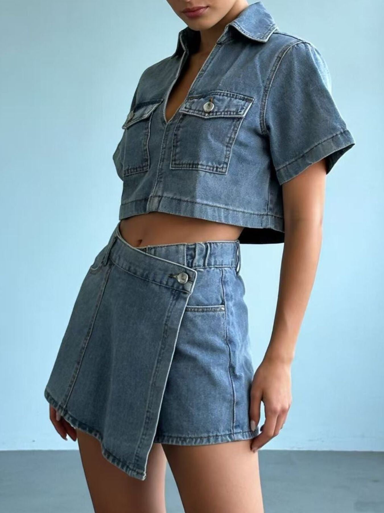 Short Sleeve Cropped Top and Skort Denim Set Wild and Free Boutique