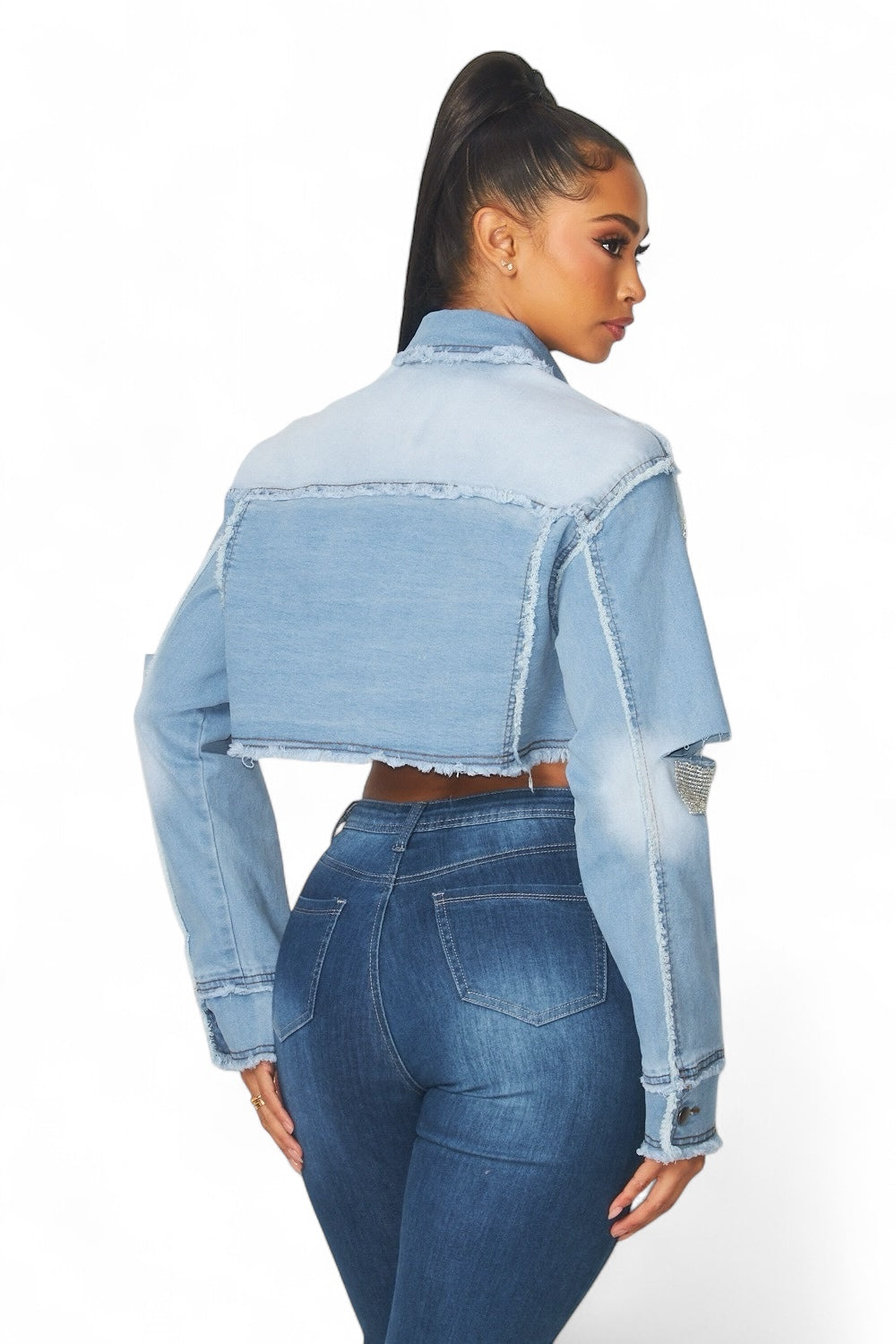 Medley Rhinestone Detail Crop Denim Jean Jacket The House of Stylez
