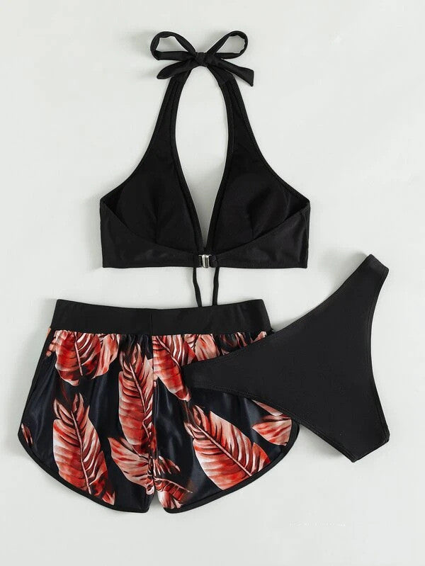 3pcs Leaf Print Bikini With Shorts Fashion Summer Beach Swimsuit Womens Clothing FLIPSTYLEZLLC