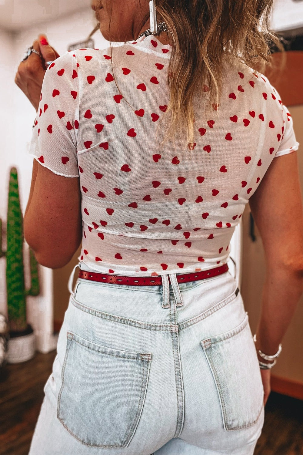 Sheer Heart Print Fitted Top Shopimist