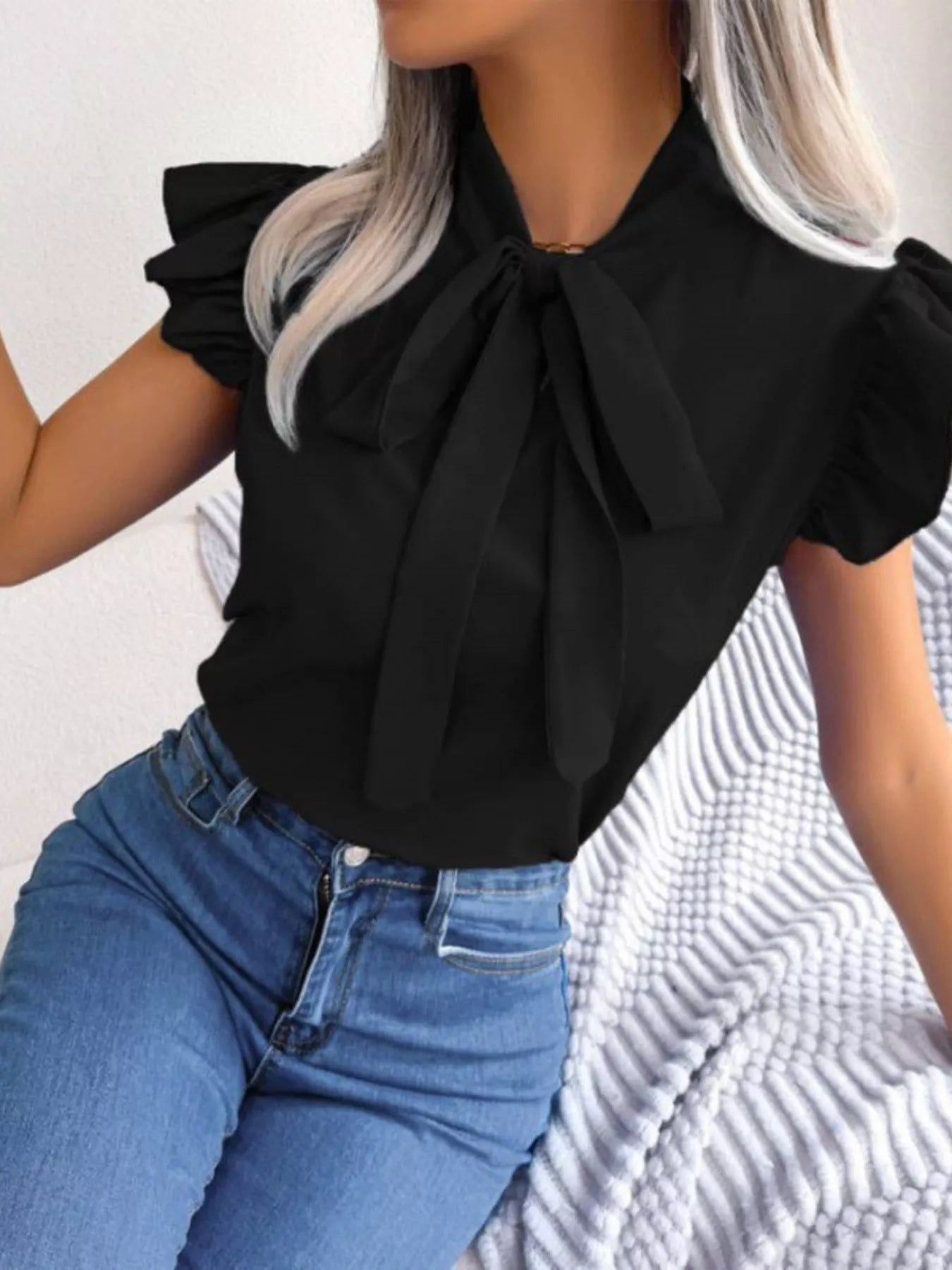 Bow Tie Ruffle Sleeve Blouse Berry Charmz