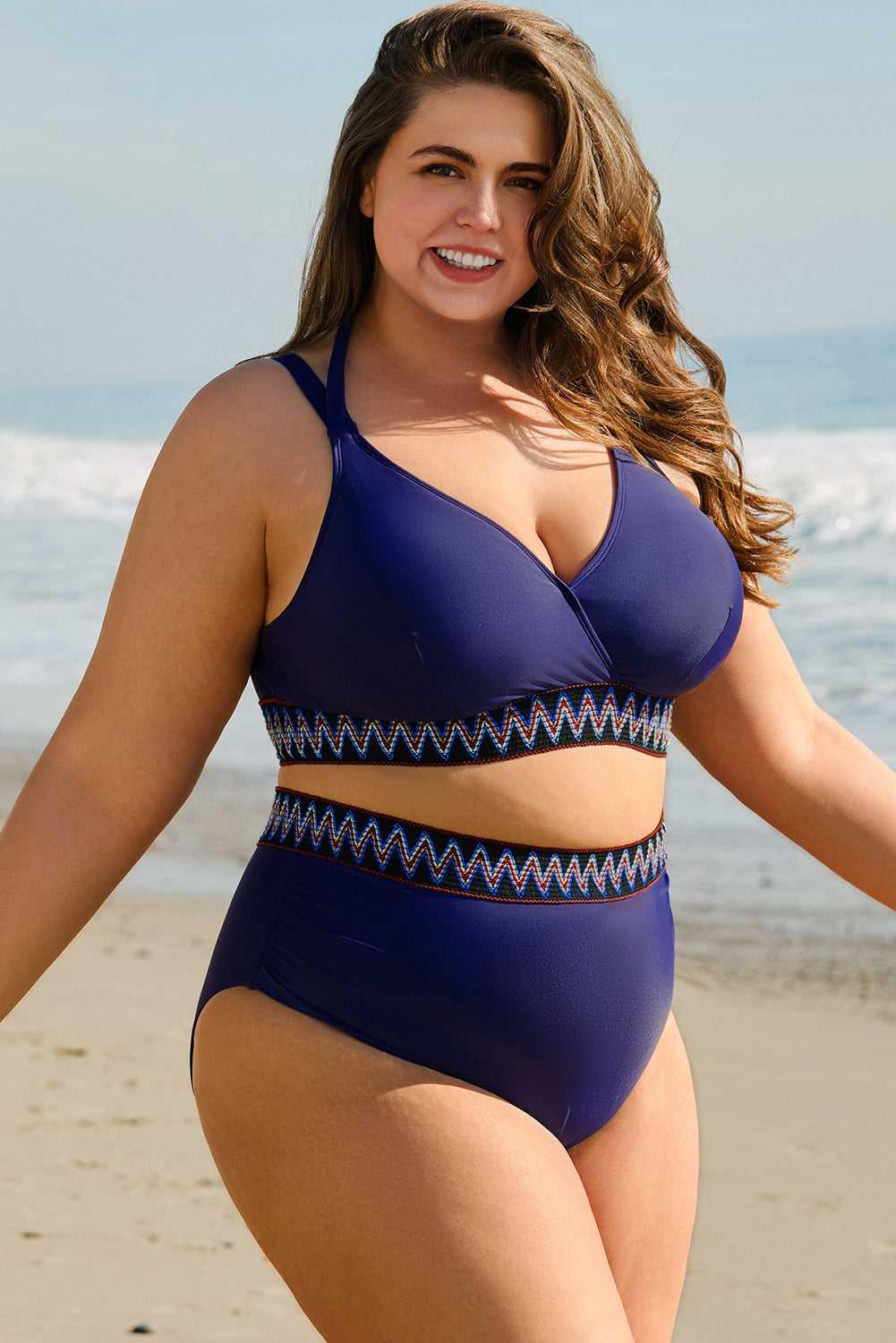 Navy Blue Embroidered Trim Wrap Tie Knot Plus Size High Waisted Bikini Wild and Free Boutique