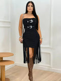 Buckle Detail Fringe Hem Bodycon Dress Shopimist