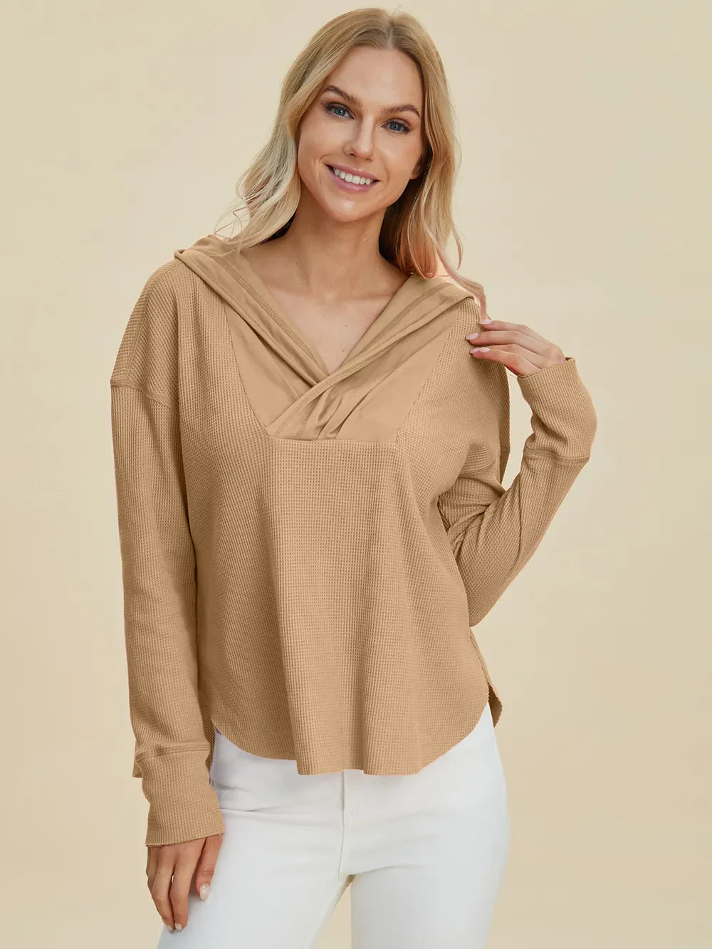 Double Take Full Size High-Low Dropped Shoulder Long Sleeve Hoodie Berry Charmz